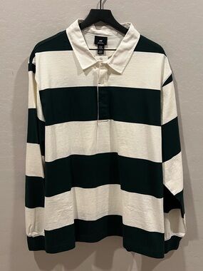H&M Green and White Striped Rugby Polo